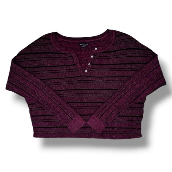 American Eagle Sweater Women L Burgundy Stripe V-Neck Button Cropped Knit Top - Picture 1 of 7